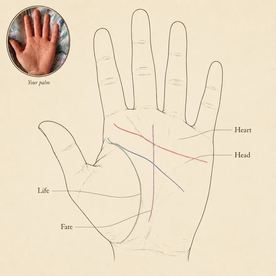 Ink-sketch map of your palm with heart, head, life, and fate lines traced and labeled